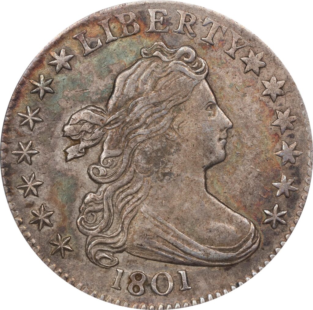 The obverse of a raw 1801 Draped Bust Dime.