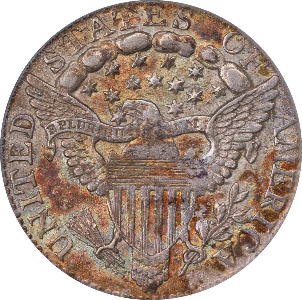 The reverse of a raw 1801 Draped Bust Dime.