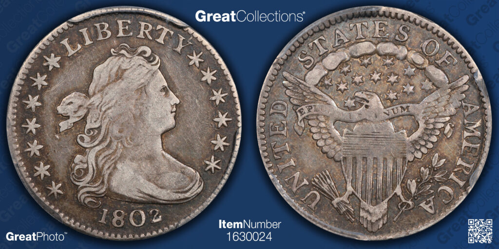GreatCollections Great Photo of the obverse and reverse of a 1802 Draped Bust Dime.