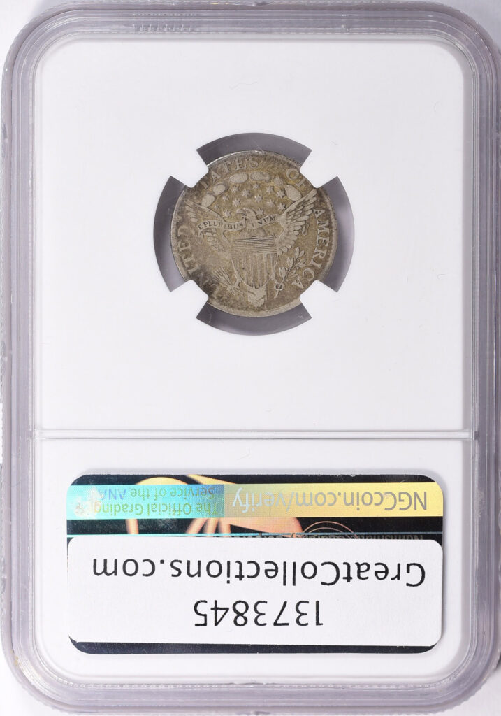 NGC Reverse slab shot of an 1805 Draped Bust Dime with 4 Berries, graded a VF25 and CAC-Approved.