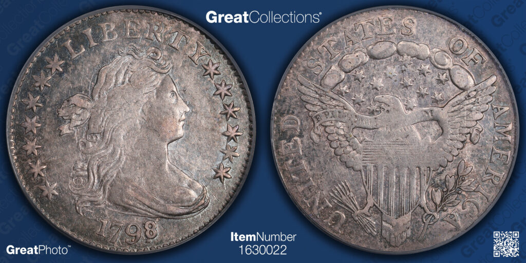 GreatCollections Great Photo of the obverse and reverse of a 1798 Draped Bust Dime.
