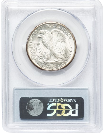 PCGS reverse slab shot of a 1935-D Walking Liberty half graded an MS65, CAC-Approved