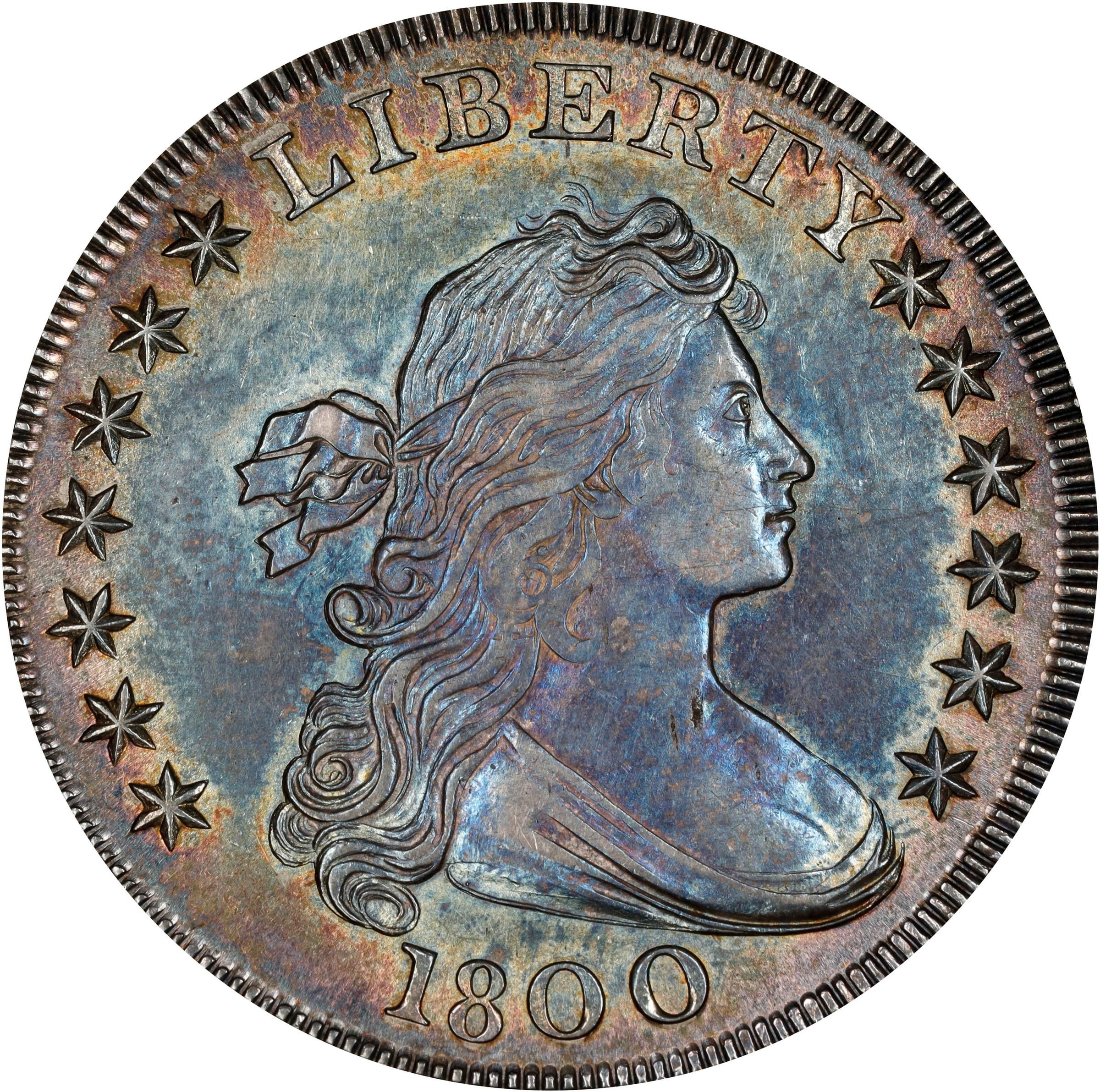 The obverse of a raw 1800 Draped Bust dollar.