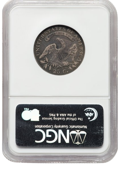 The reverse of an NGC holder containing a 1820 Small "O" B-4 quarter graded a VF25, CAC-Approved.