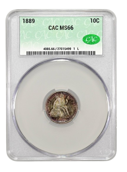 Obverse slab shot of a 1889 Liberty Seated Dime graded an MS66 by CACG.