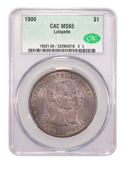 Obverse slab shot of a 1900 Lafayette dollar graded a MS65 by CACG.