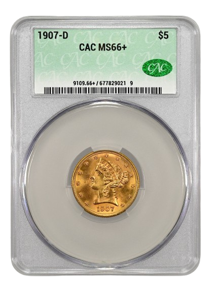 Obverse slab shot of a 1907-D Liberty Gold $5 piece graded an MS66 plus.