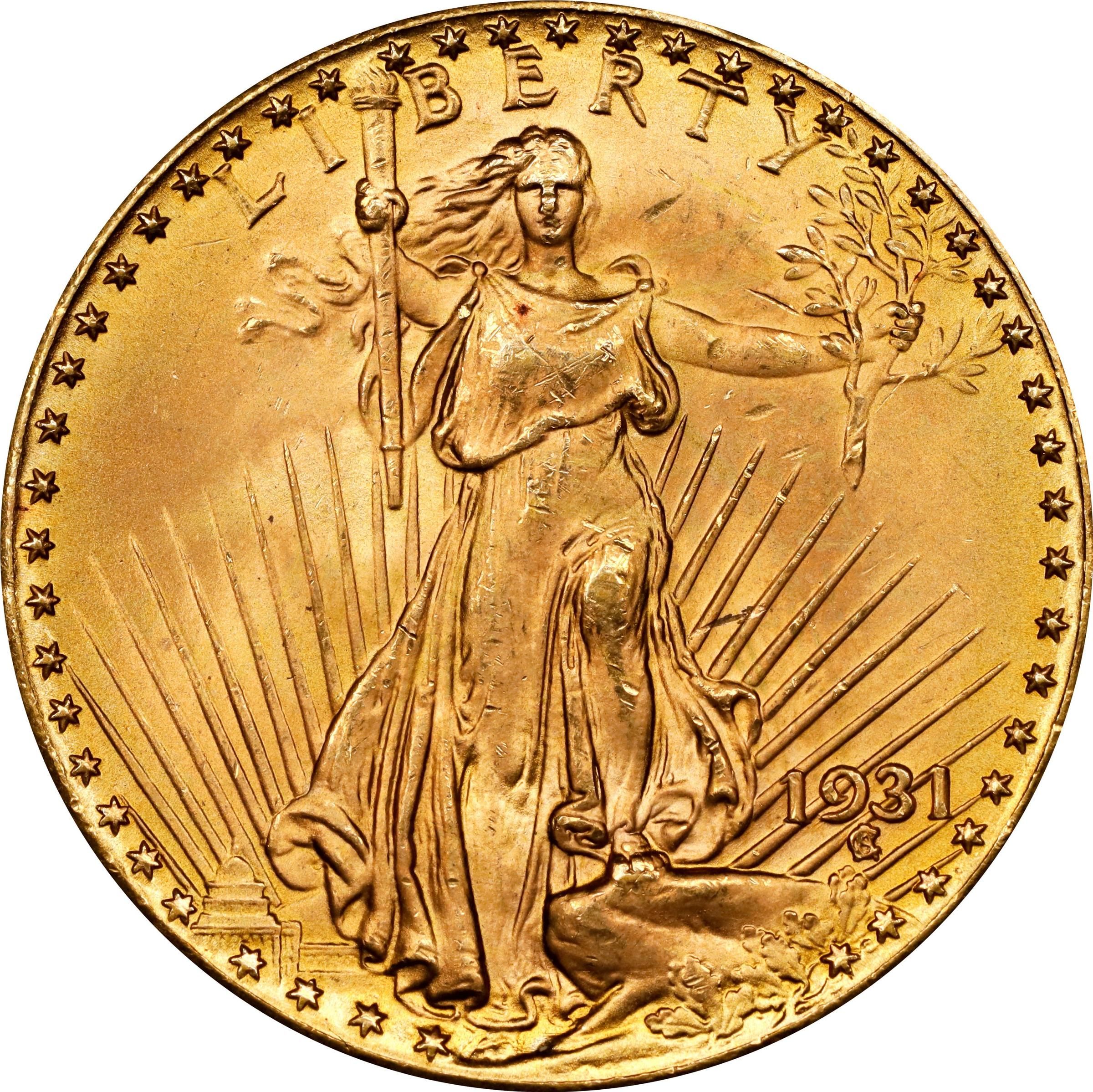 The obverse of a raw 1931 Saint Gaudens twenty dollar gold piece.