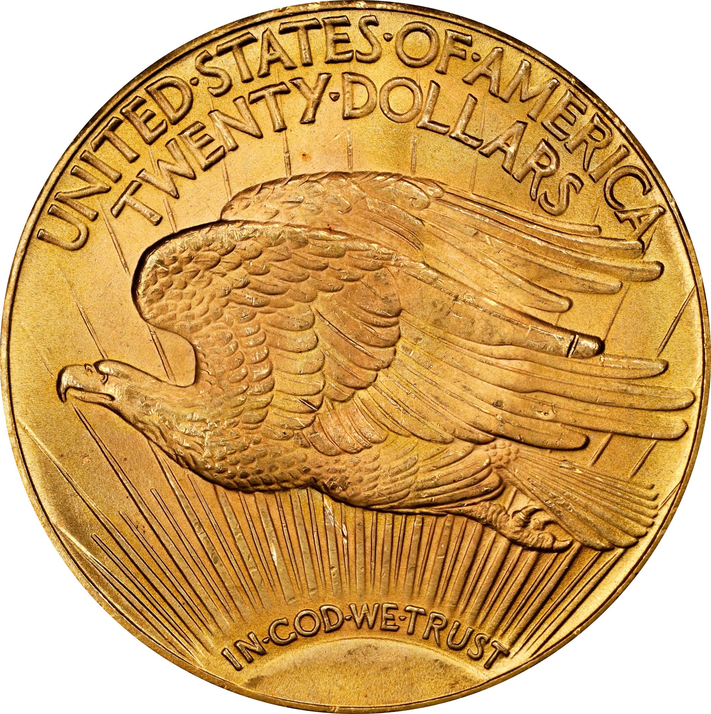 The reverse of a raw 1931 Saint Gaudens twenty dollar gold piece.