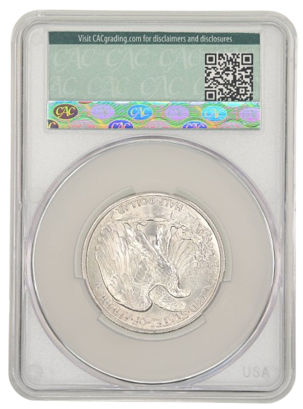 Reverse slab shot of a 1935 Walking Liberty half dollar graded MS64 by CACG.