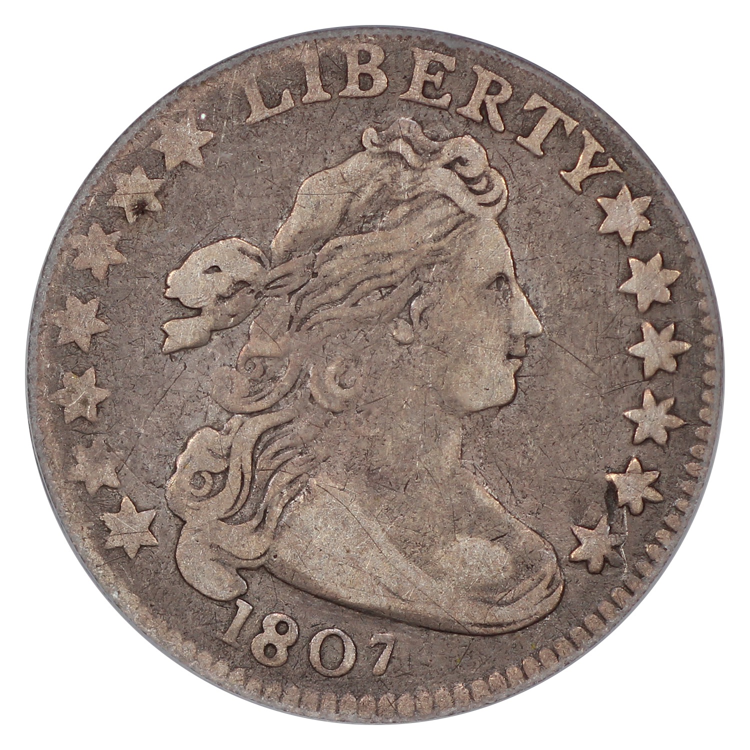 The obverse of a raw 1907 draped bust dime.