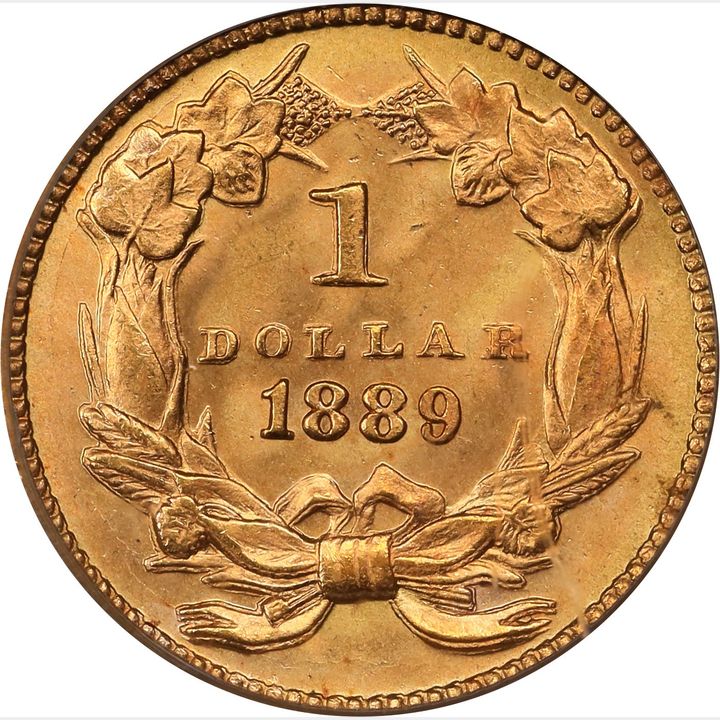 The reverse of a raw 1889 dollar gold piece.