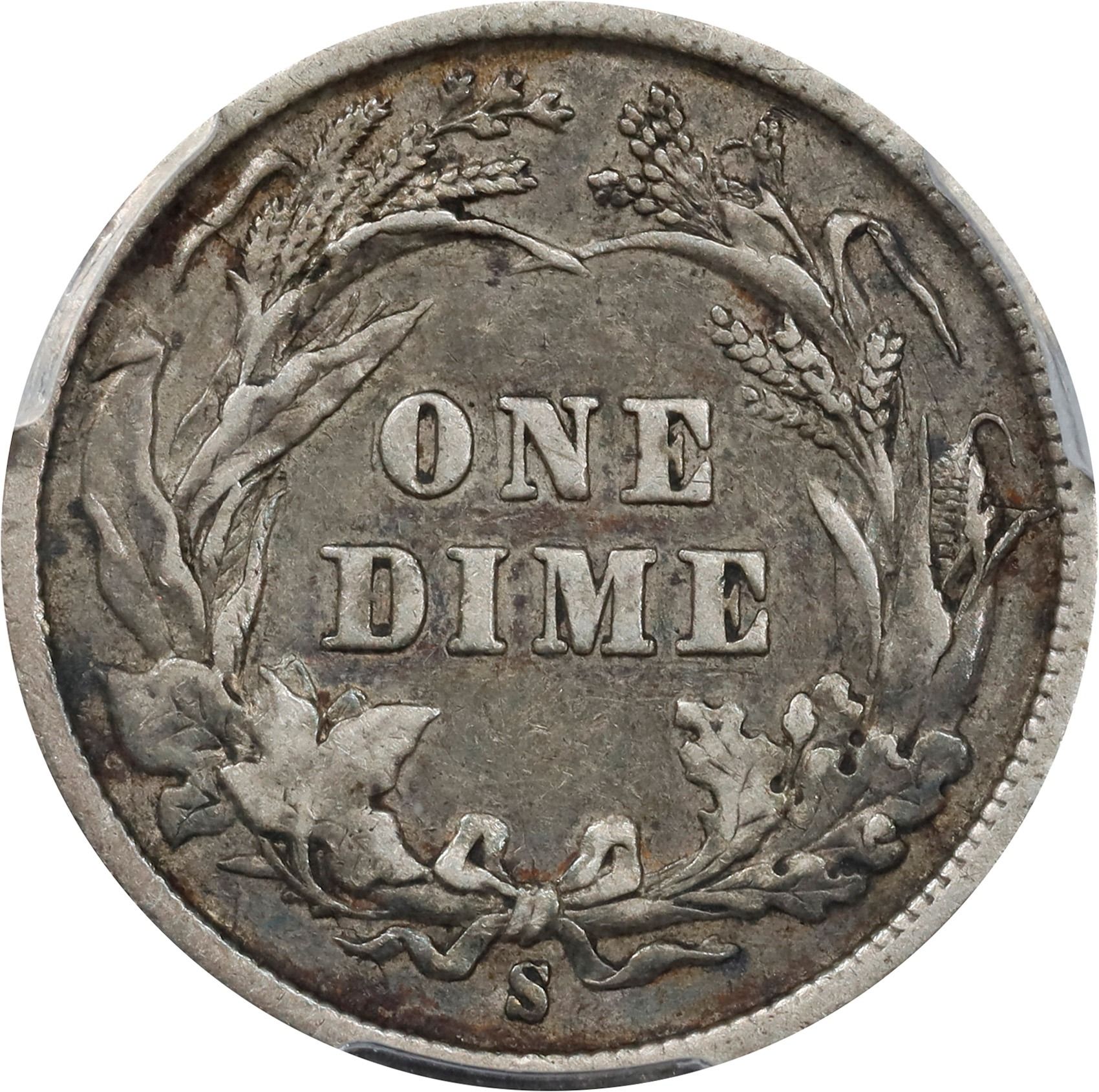 The reverse of a raw 1896 Barber dime.