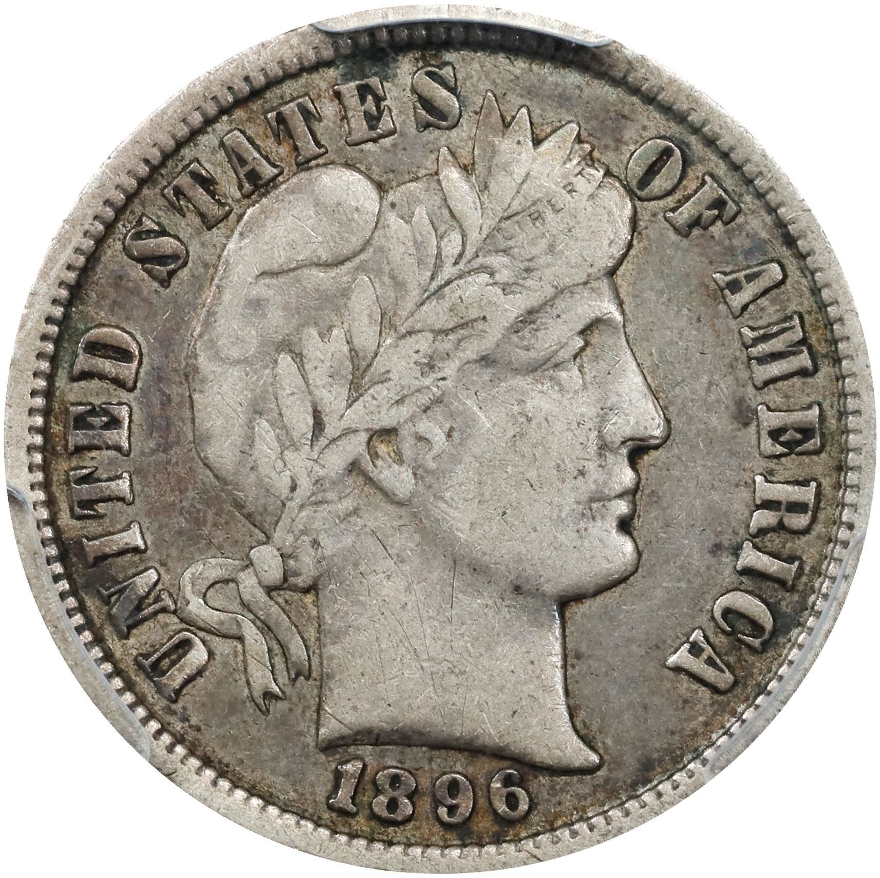 The obverse of a raw 1896 Barber dime.