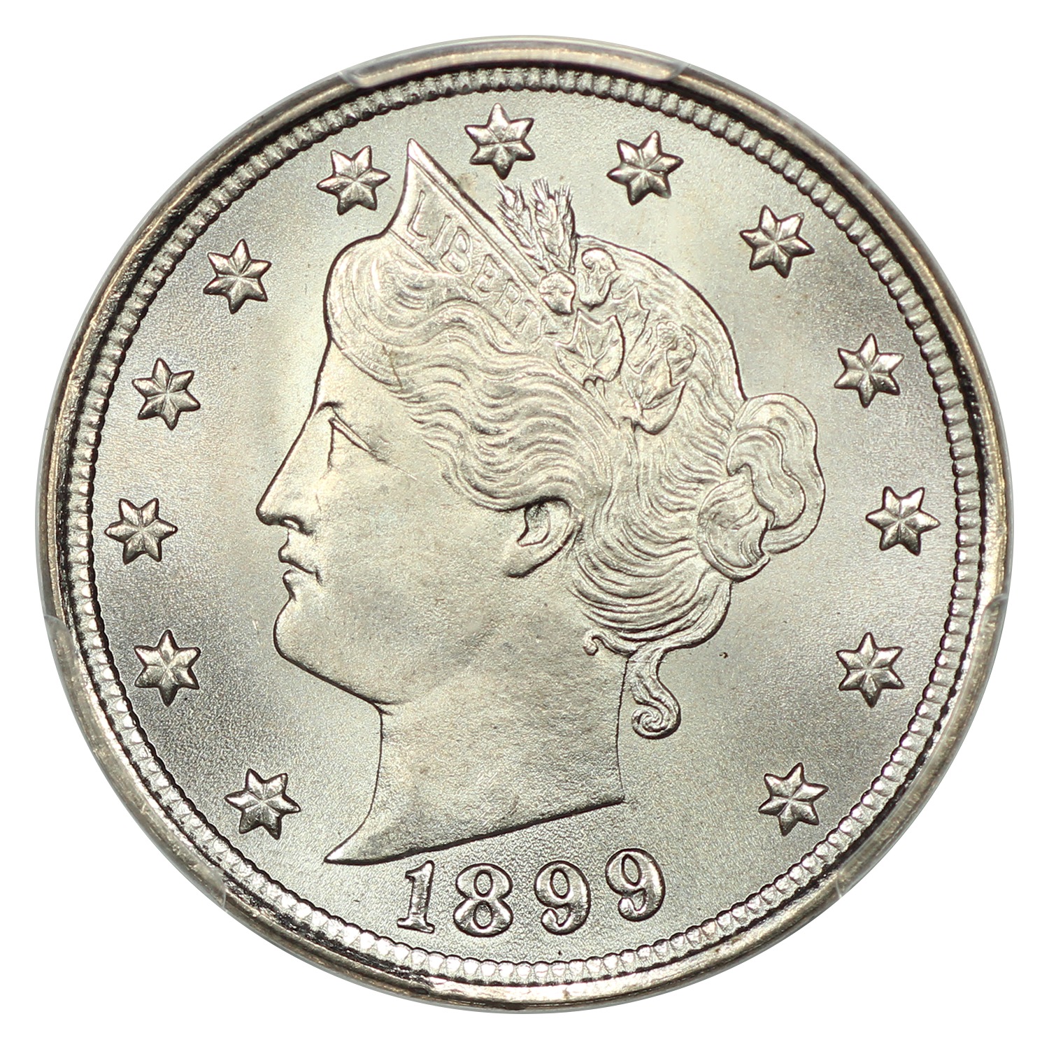 The obverse of a raw 1899 Liberty Head nickel.