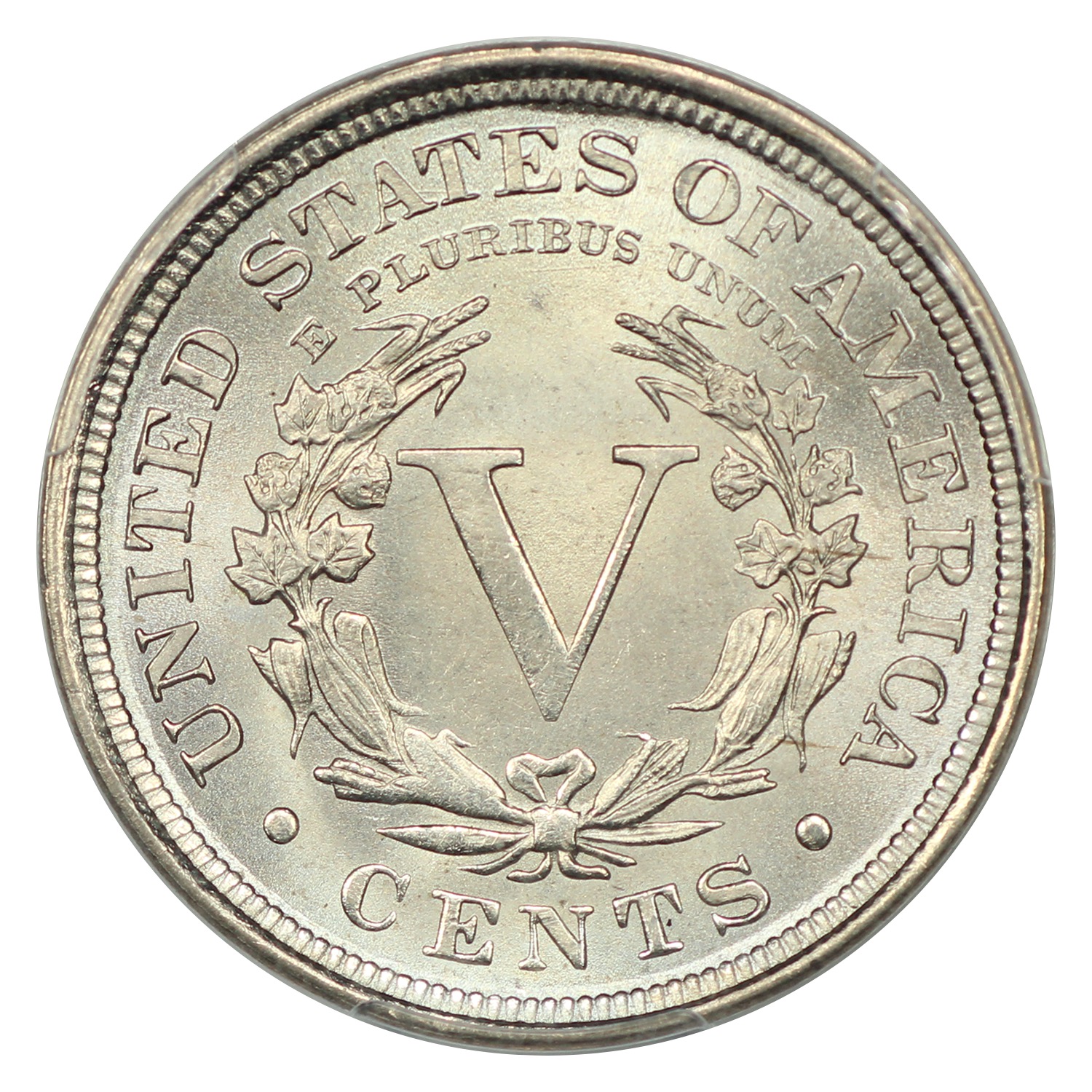 The reverse of a raw 1899 Liberty Head nickel.