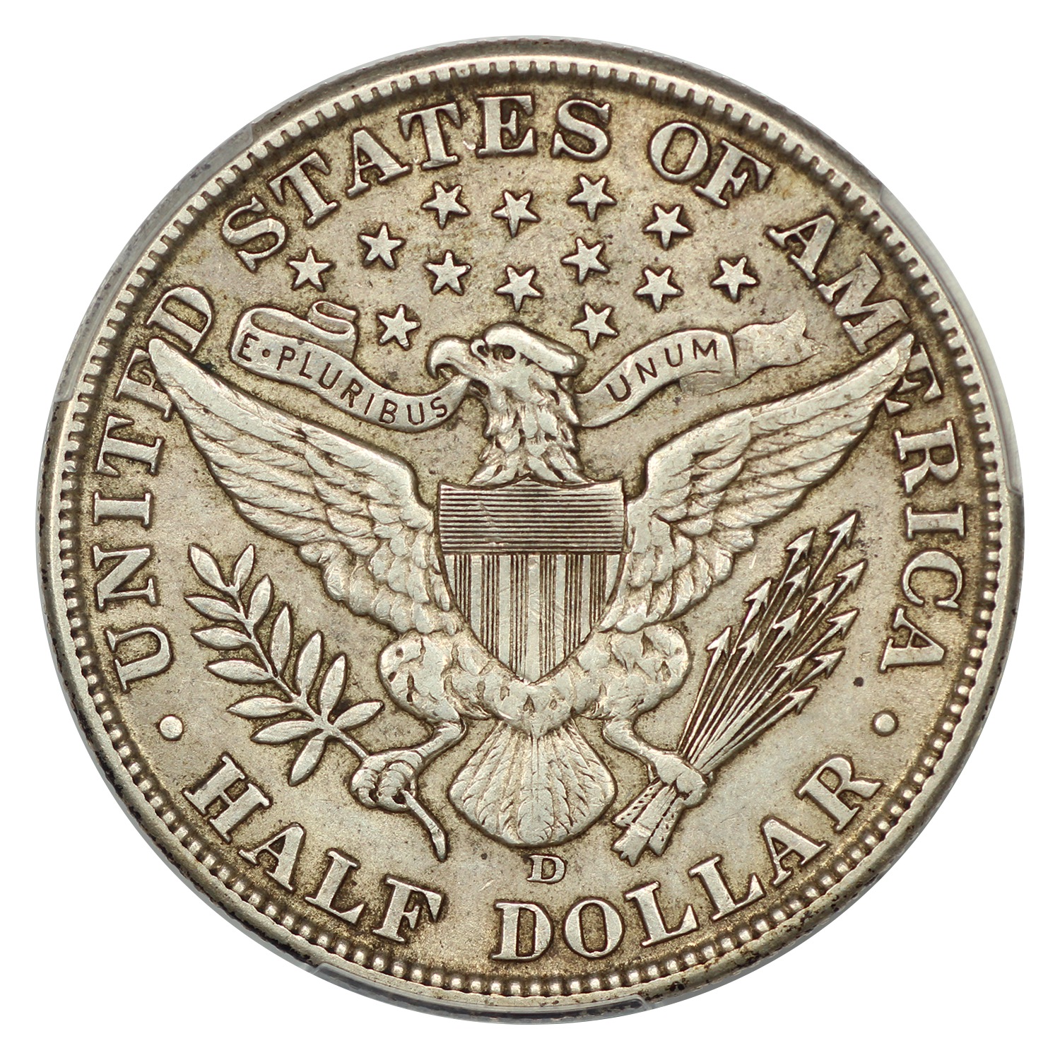The reverse of a raw 1912-D Barber half dollar.