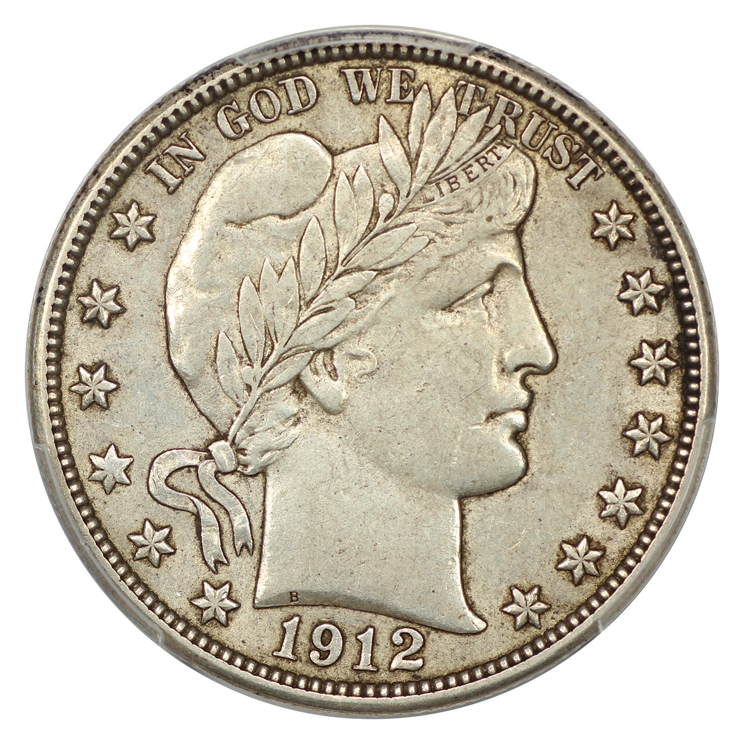 The obverse of a raw 1912-D Barber half dollar.