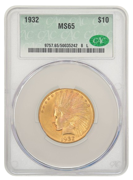 CACG obverse slab shot of a 1932 Indian gold $10 graded an MS65.