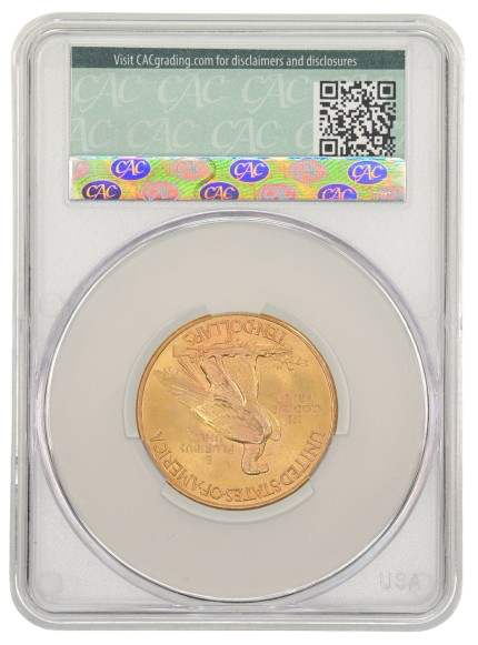 CACG reverse slab shot of a 1932 Indian gold $10 graded an MS65.