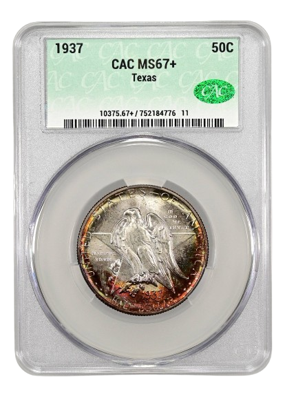 CACG obverse slab shot of a 1947 Texas commemorative graded an MS67 plus.