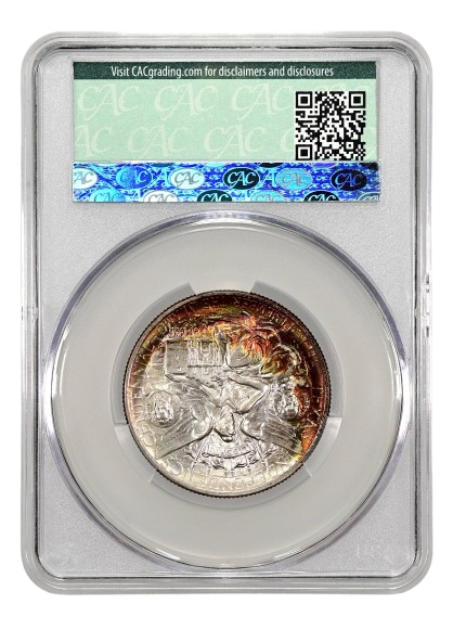 CACG reverse slab shot of a 1947 Texas commemorative graded an MS67 plus.