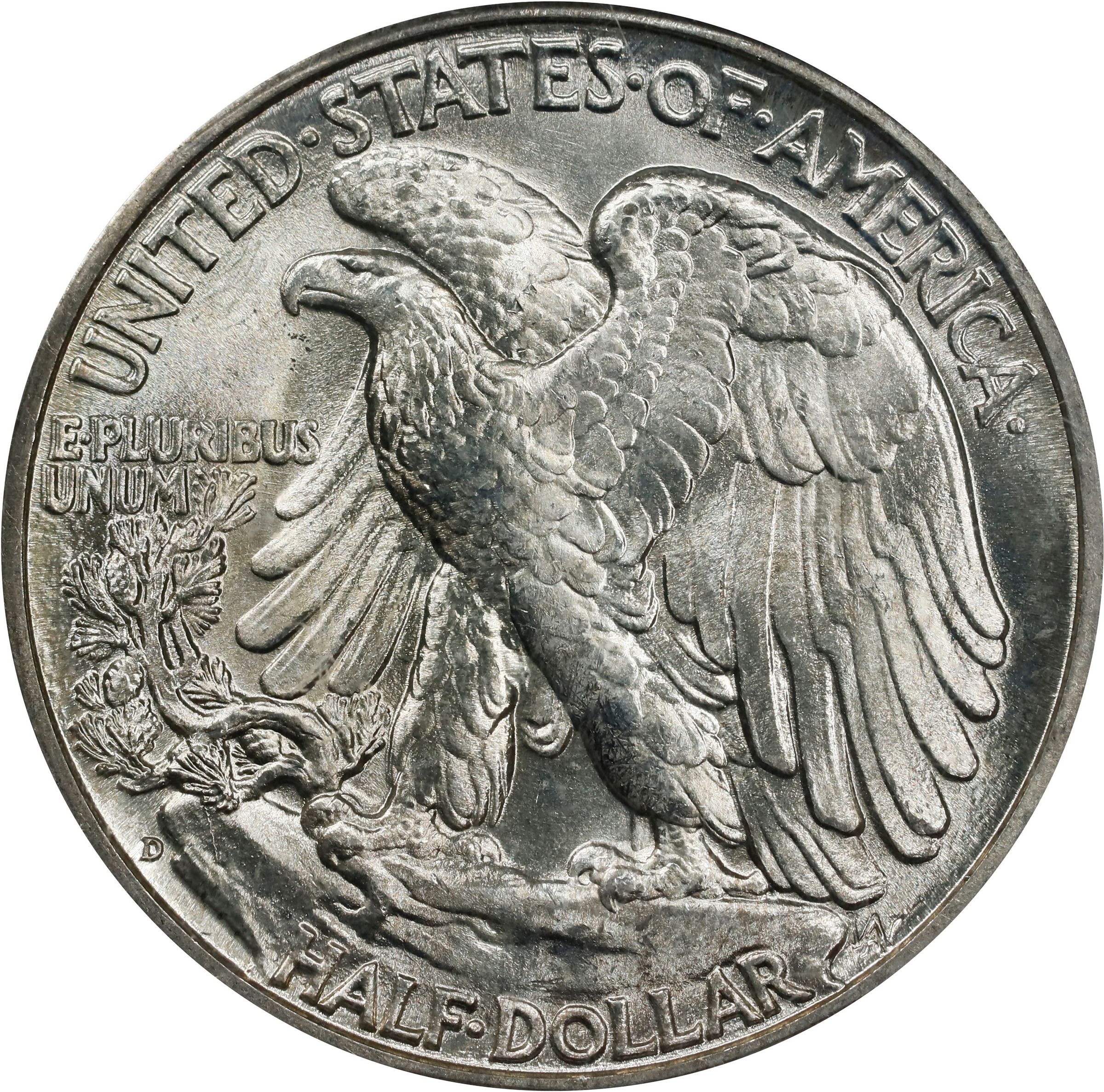The reverse of a raw 1945-D Walking Liberty half dollar.
