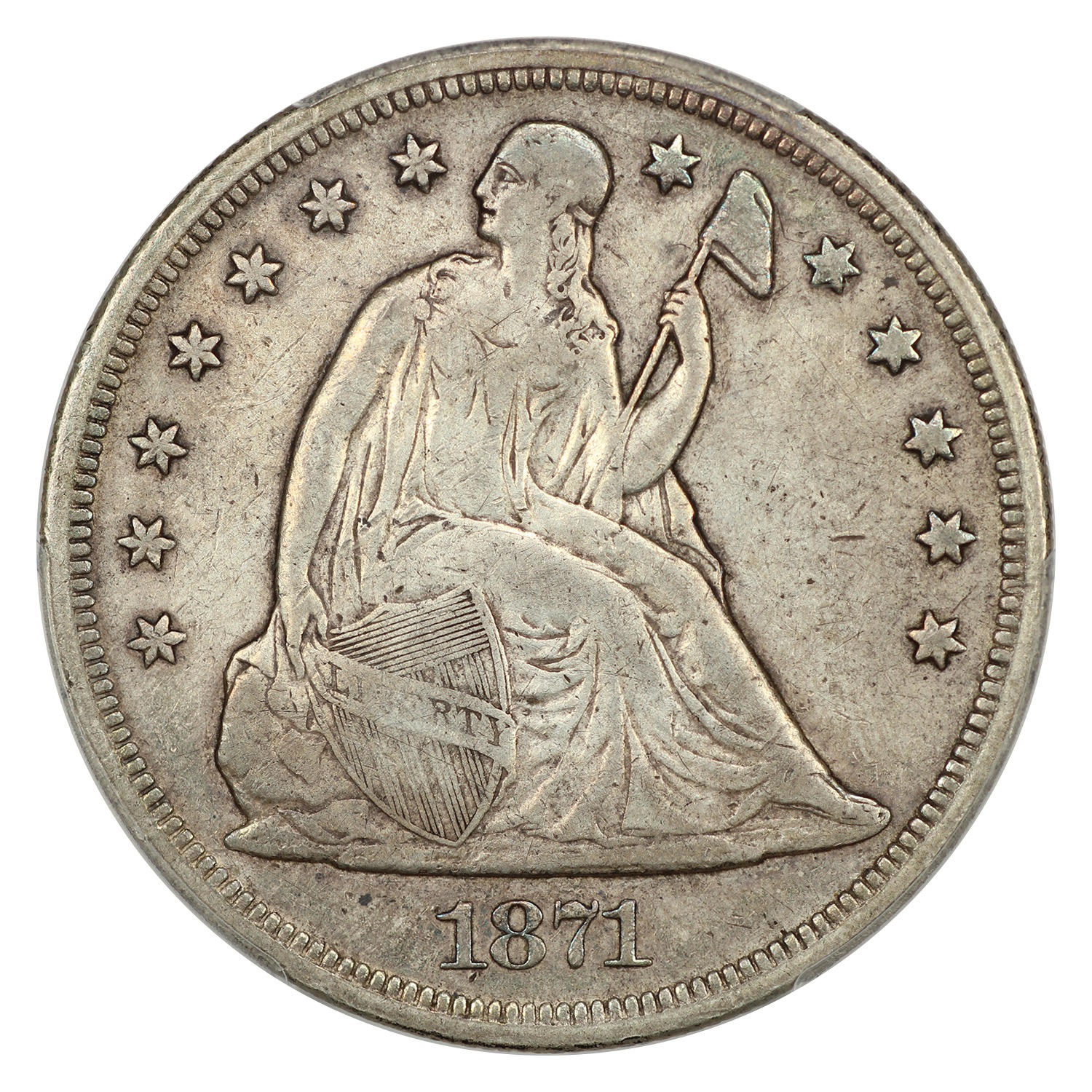 The obverse of a raw 1871 Liberty Seated dollar.