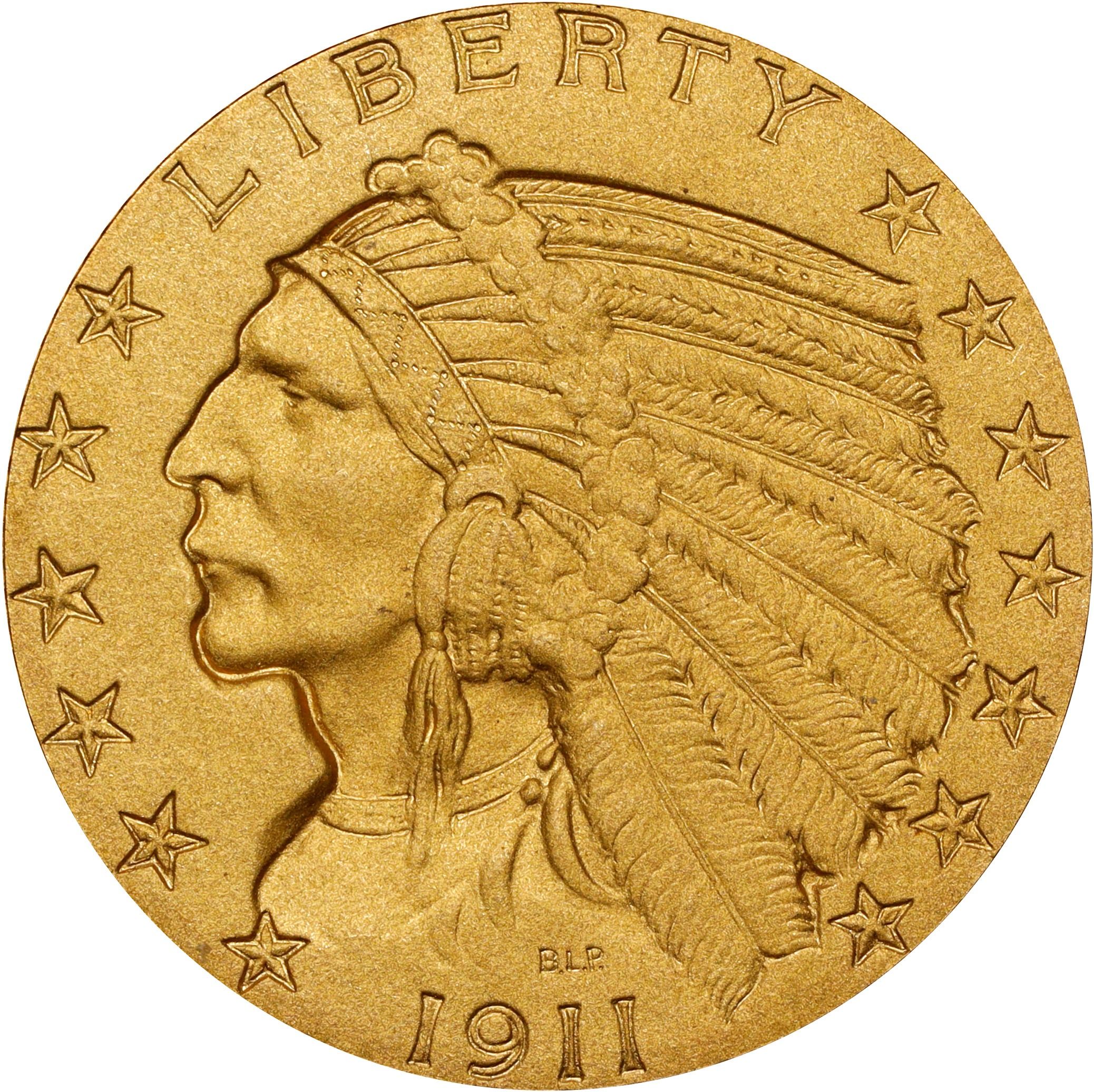 The obverse of a raw 1911 Indian half eagle.