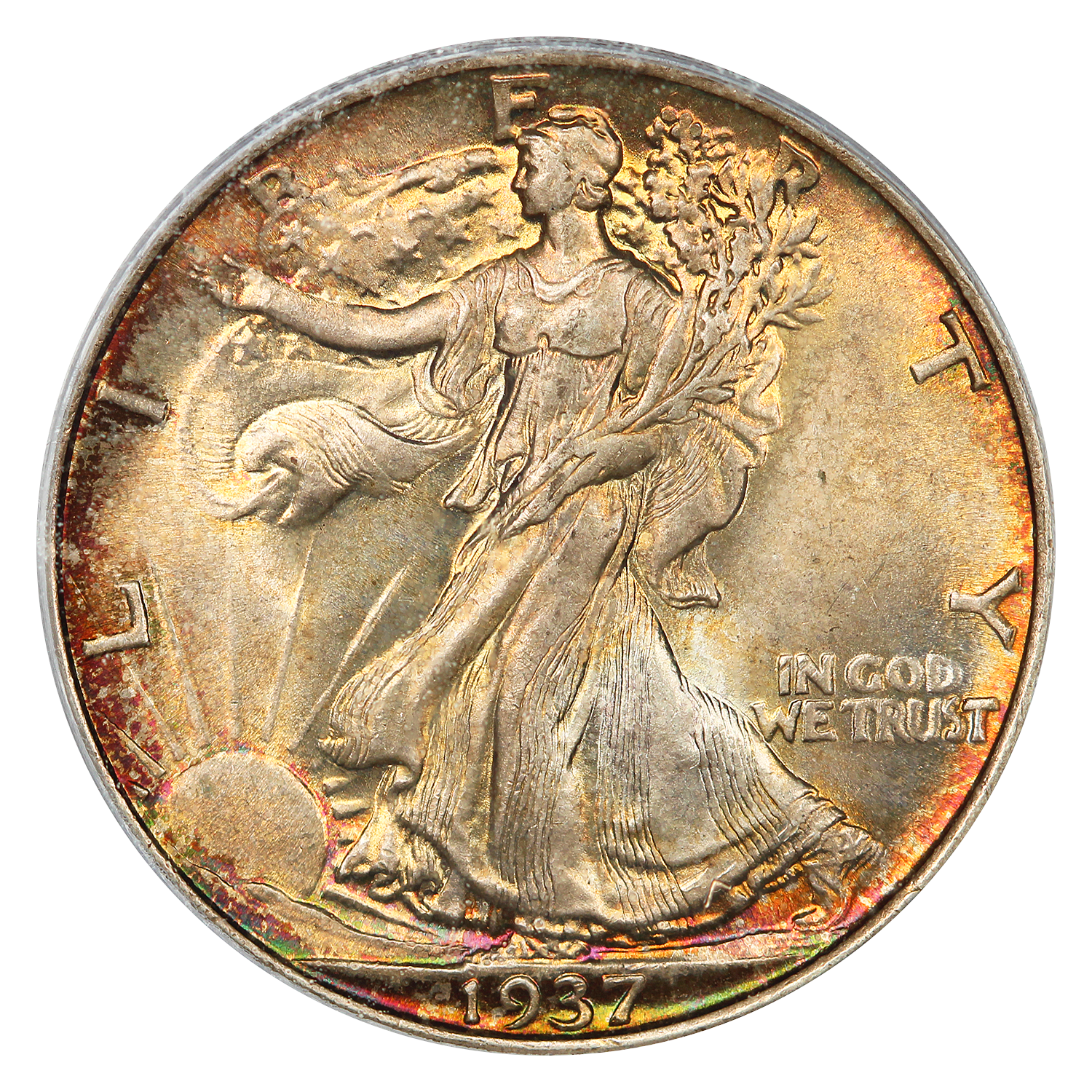 The obverse of a raw 1937 Walking Liberty half dollar.