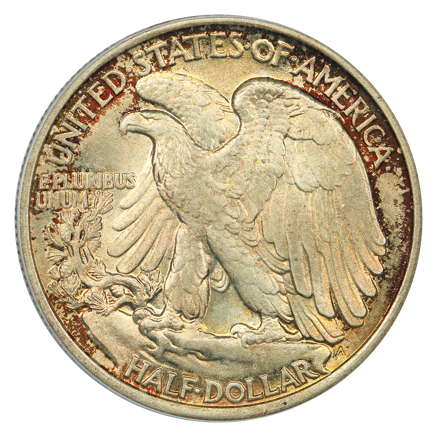 The reverse of a raw 1937 Walking Liberty half dollar.