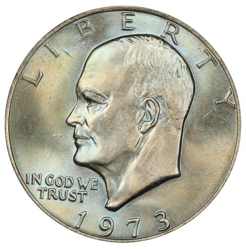The obverse of a raw 1973 Eisenhower dollar.