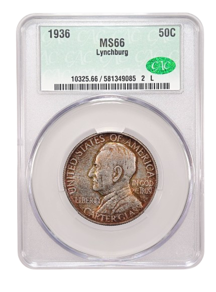 The obverse slab shot of a 1936 Lynchburg commemorative half dollar graded a MS66 by CACG.
