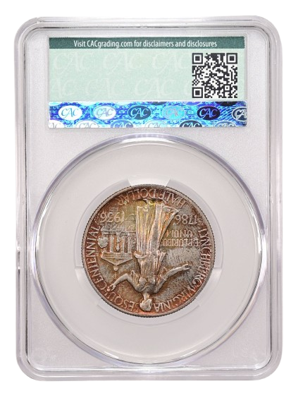 The reverse slab shot of a 1936 Lynchburg commemorative half dollar graded a MS66 by CACG.