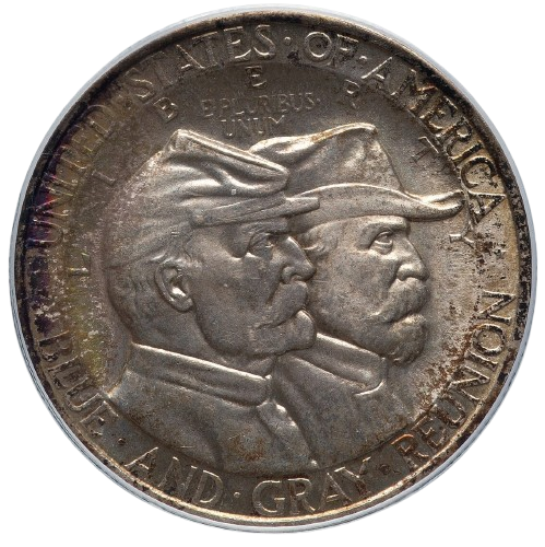 The obverse of a raw 1936 Gettysburg commemorative half dollar.