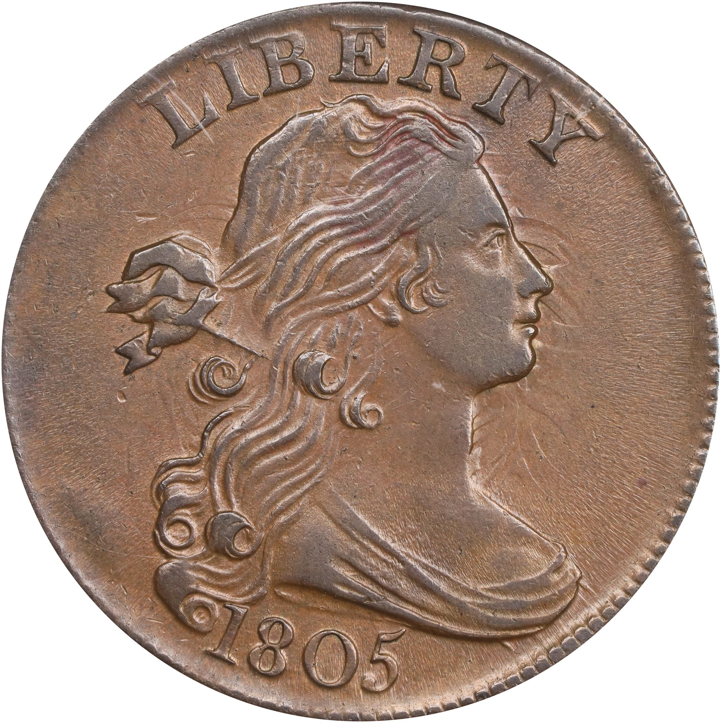 The raw obverse of a 1805 Draped Bust cent.