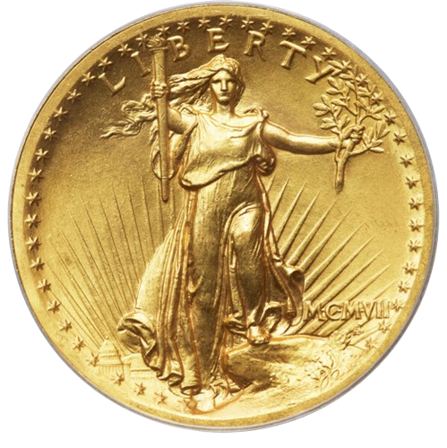 The obverse of a raw 1907 Saint Gaudens $20 gold piece.