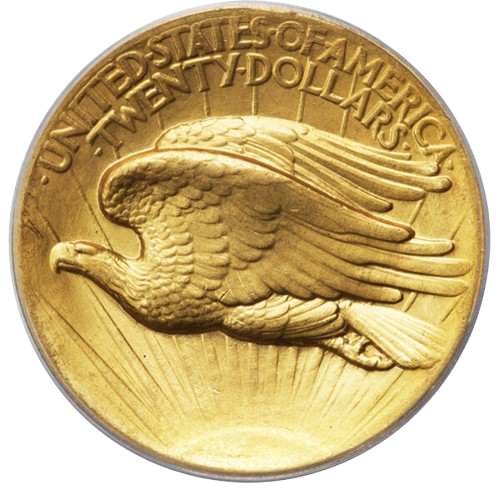 The reverse of a raw 1907 Saint Gaudens $20 gold piece.