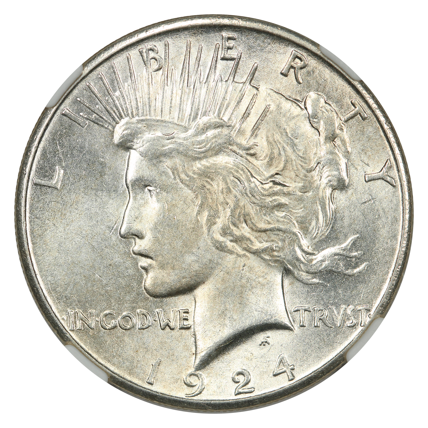 The obverse of a raw 1924-S Silver Peace Dollar.
