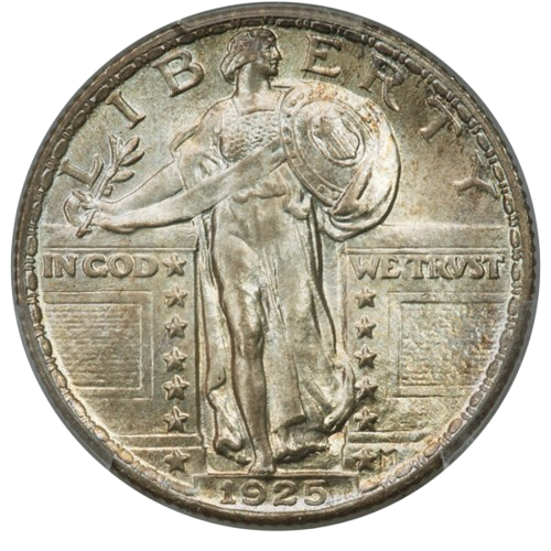 The obverse of a raw 1925 Standing Liberty Quarter.