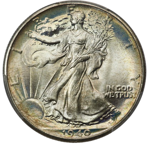 The obverse of a raw 1940 Walking Liberty Half Dollar.