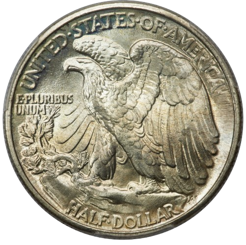 The reverse of a raw 1940 Walking Liberty Half Dollar.