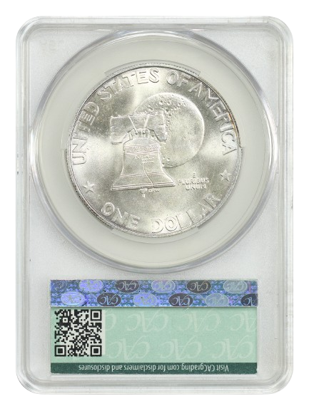 Reverse slab shot of a 1976-S Eisenhower Dollar graded a MS67 by CAC Grading.