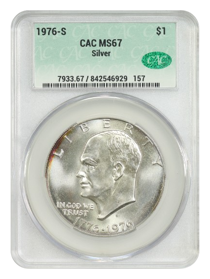 Obverse slab shot of a 1976-S Eisenhower Dollar graded a MS67 by CAC Grading.