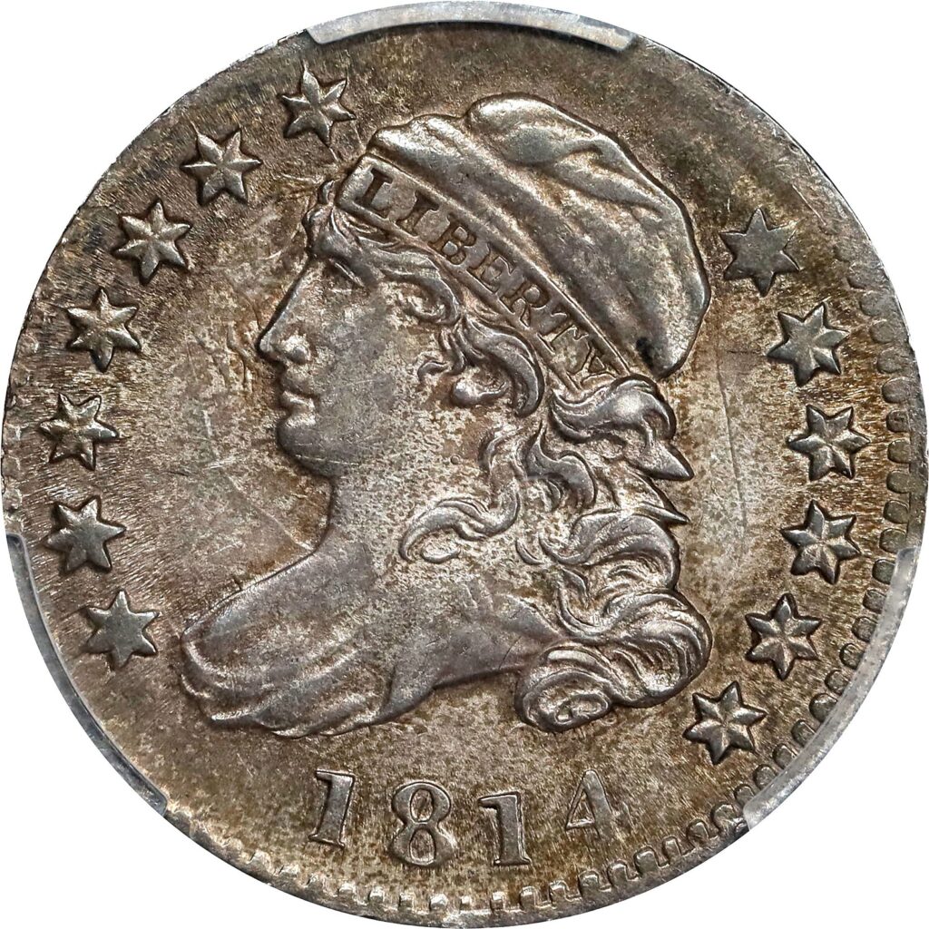 The obverse of a raw 1814 capped bust dime.