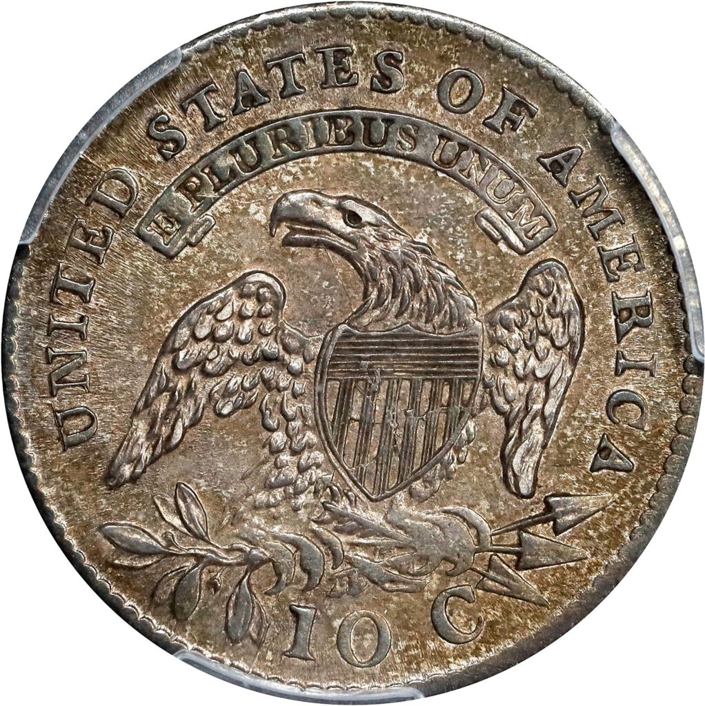 The reverse of a raw 1814 capped bust dime.