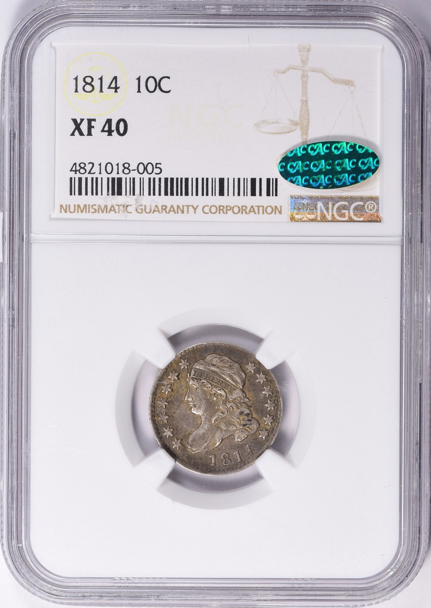 Slab shot of the obverse of a 1814 capped bust dime graded a XF40 by NGC and CAC-approved.