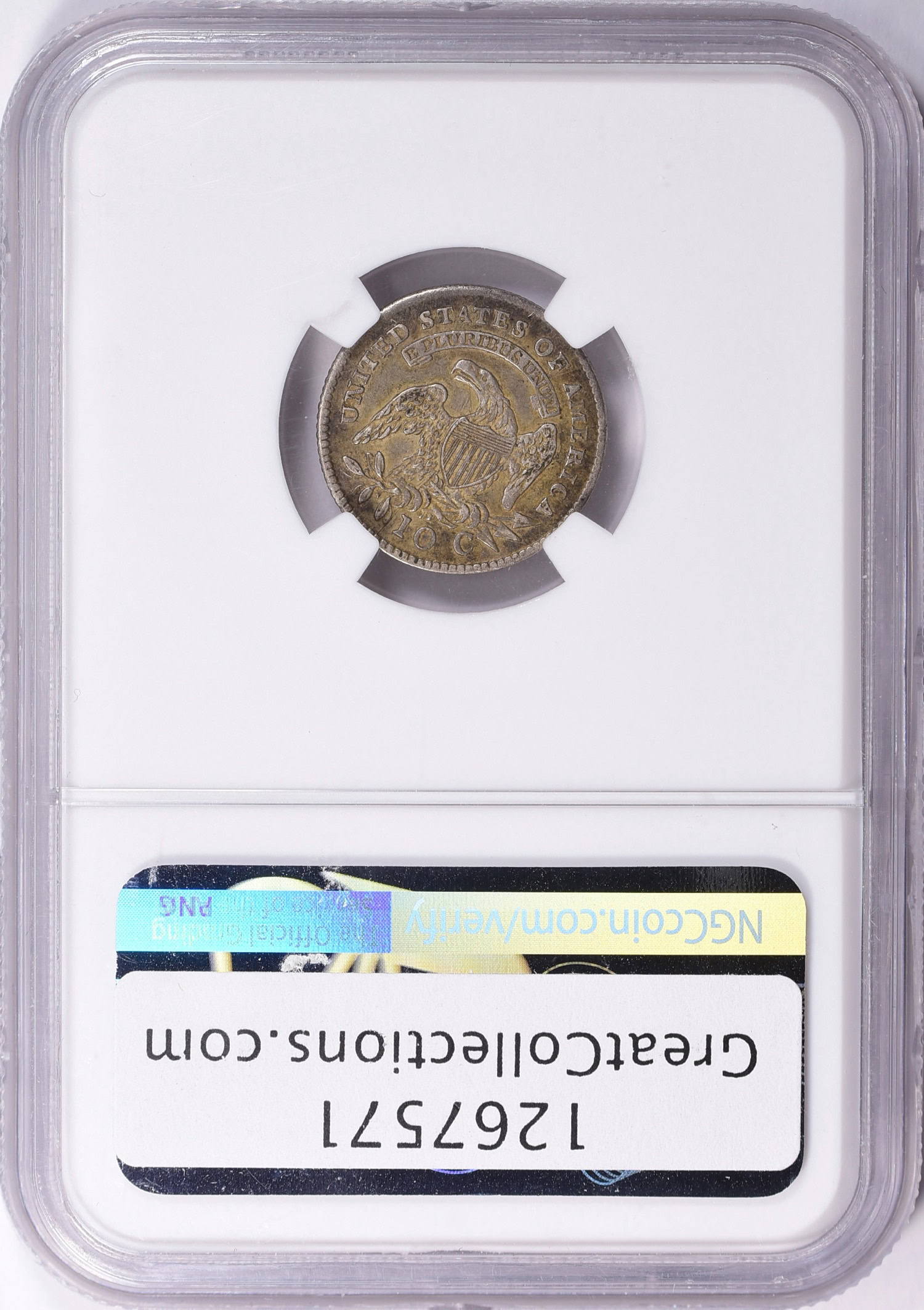 Slab shot of the reverse of a 1814 capped bust dime graded a XF40 by NGC and CAC-approved.