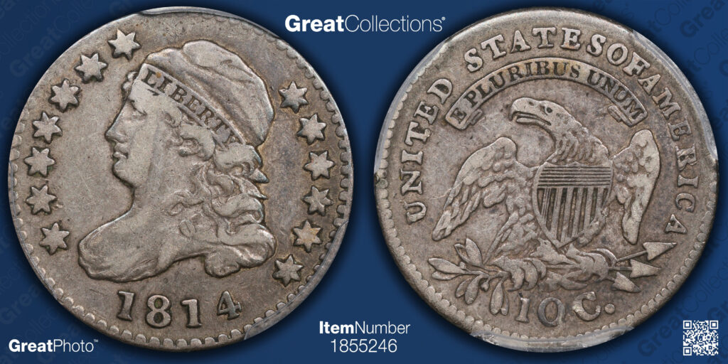 GreatCollections GreatPhoto of the obverse and reverse of a raw 1814 capped bust dime.