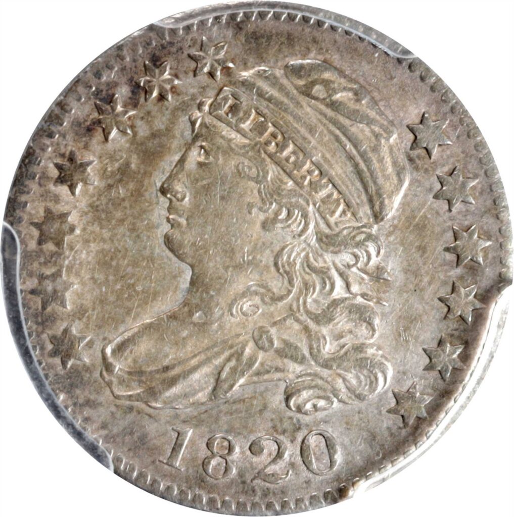 The obverse of a raw 1820 capped bust dime.